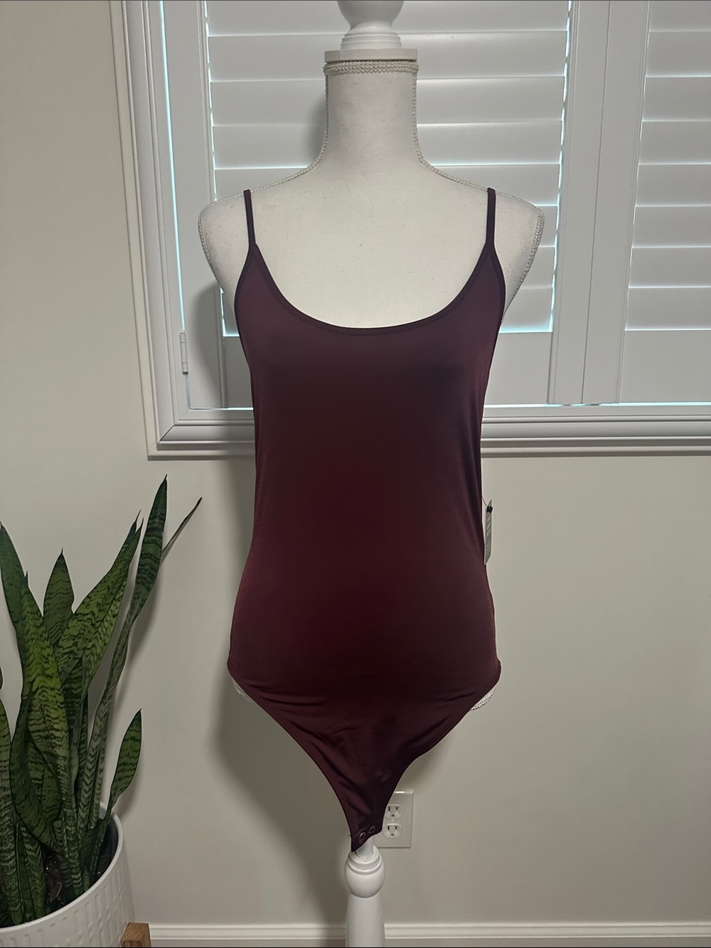 Express Burgundy Scoop Neck Bodysuit with Thin Straps | A15